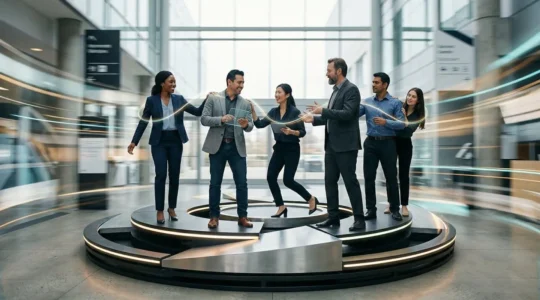 Team navigating rapid business transformation while maintaining balance and momentum