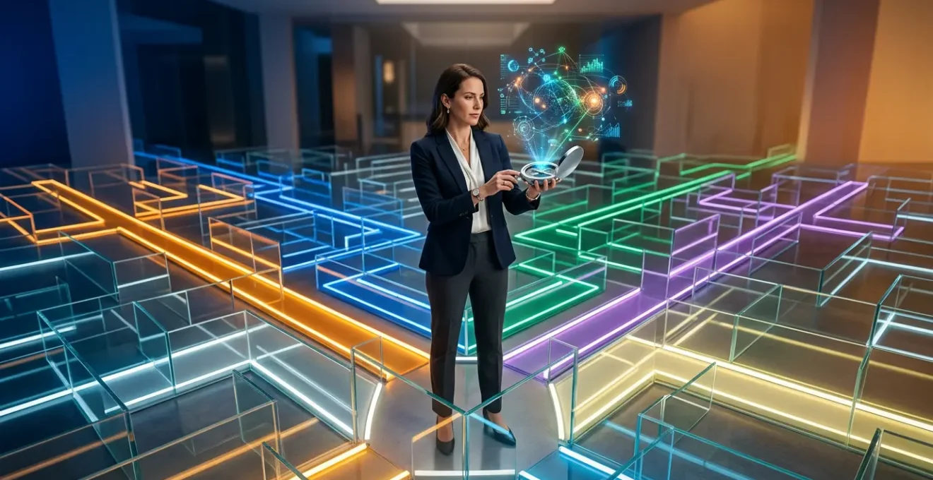 Professional navigating through a crystalline maze with glowing pathways representing different career trajectories