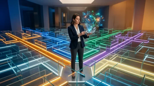 Professional navigating through a crystalline maze with glowing pathways representing different career trajectories