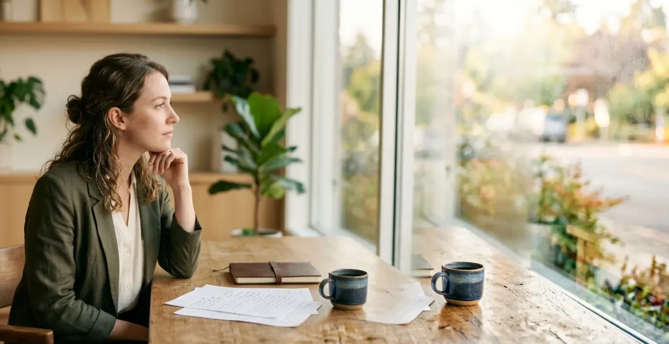 Professional at crossroads examining career paths with thoughtful introspection