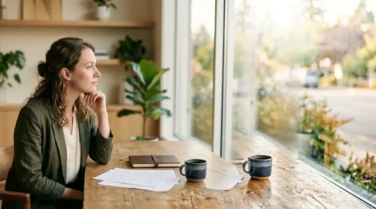 Professional at crossroads examining career paths with thoughtful introspection