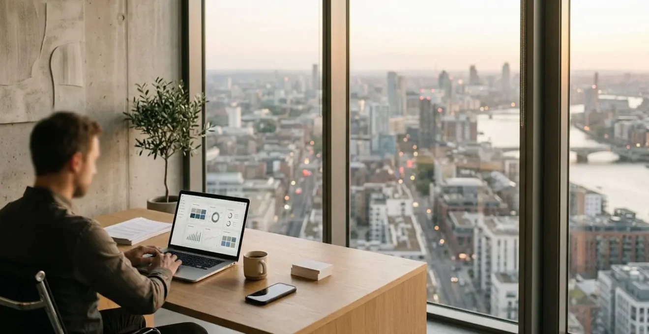 Professional balancing learning materials and work tools in a modern office environment with integrated technology