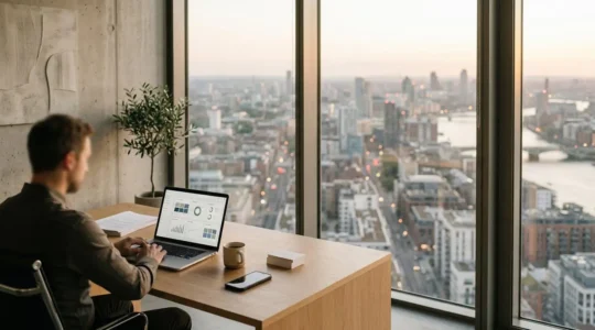 Professional balancing learning materials and work tools in a modern office environment with integrated technology
