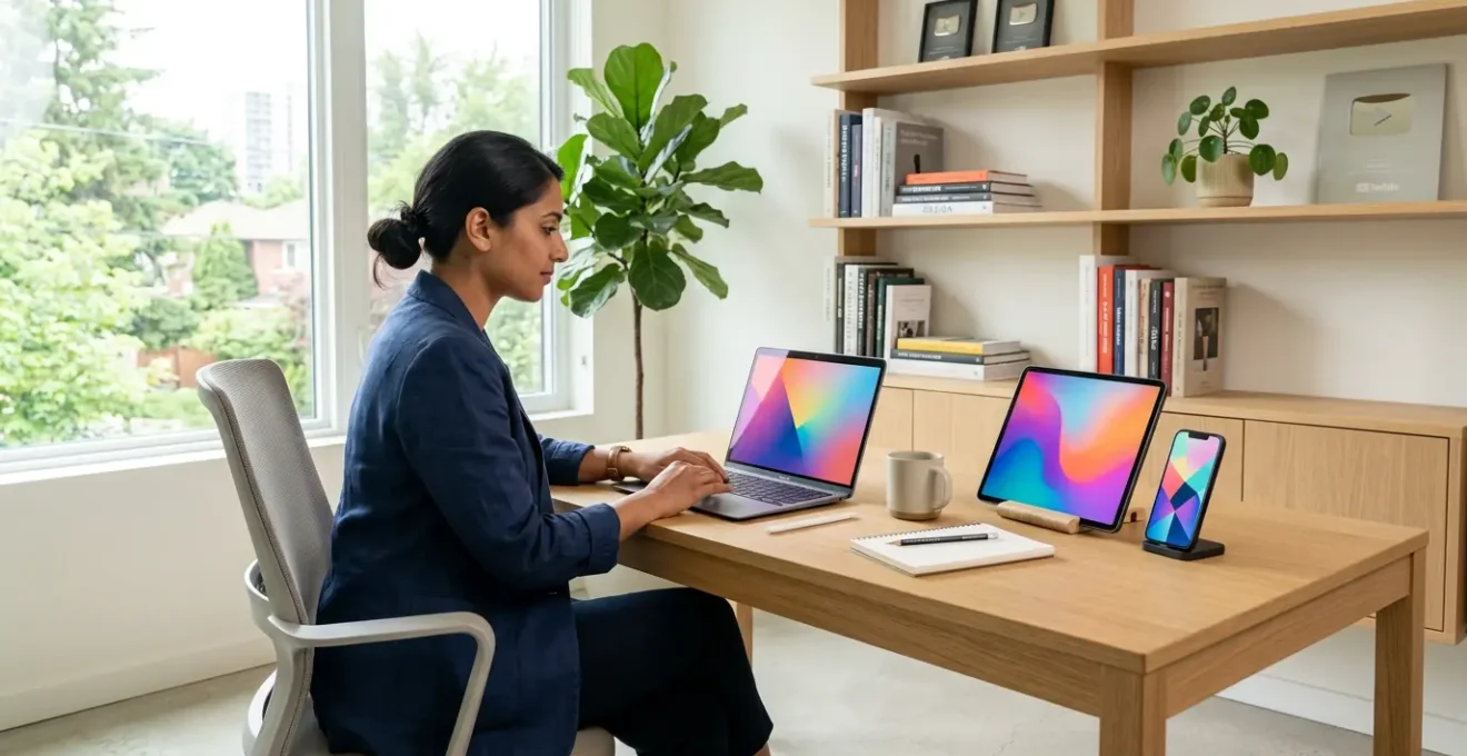 Professional workspace showing a person reviewing their digital portfolio on multiple devices with creative projects displayed