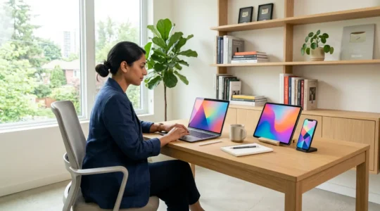 Professional workspace showing a person reviewing their digital portfolio on multiple devices with creative projects displayed