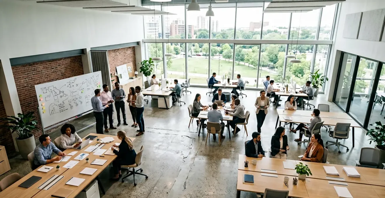 Professional team members of various backgrounds collaborating in a bright modern workspace