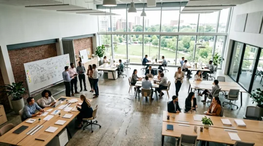 Professional team members of various backgrounds collaborating in a bright modern workspace