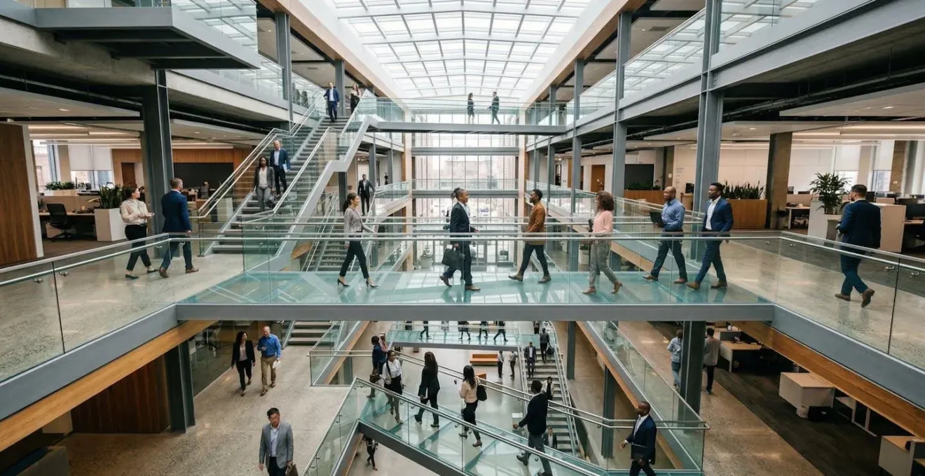 Modern office environment showcasing diverse professionals collaborating across different levels and departments