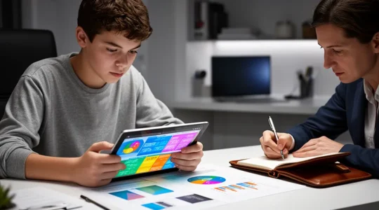 Parent and teenager examining educational pathways together with visual roadmap elements