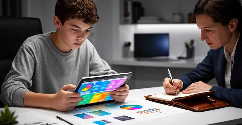 Parent and teenager examining educational pathways together with visual roadmap elements