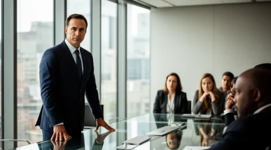 Executive demonstrating emotional intelligence during high-pressure corporate meeting