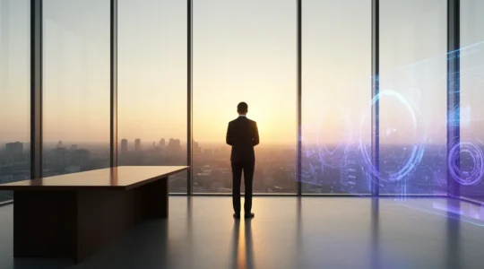 Professional analyzing future job market trends on multiple screens in modern office environment