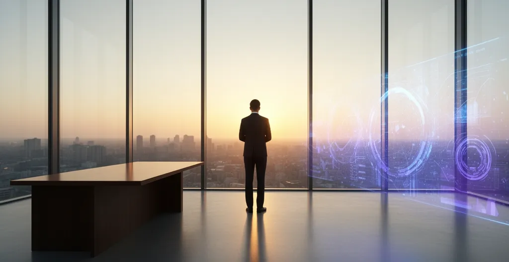 Professional analyzing future job market trends on multiple screens in modern office environment