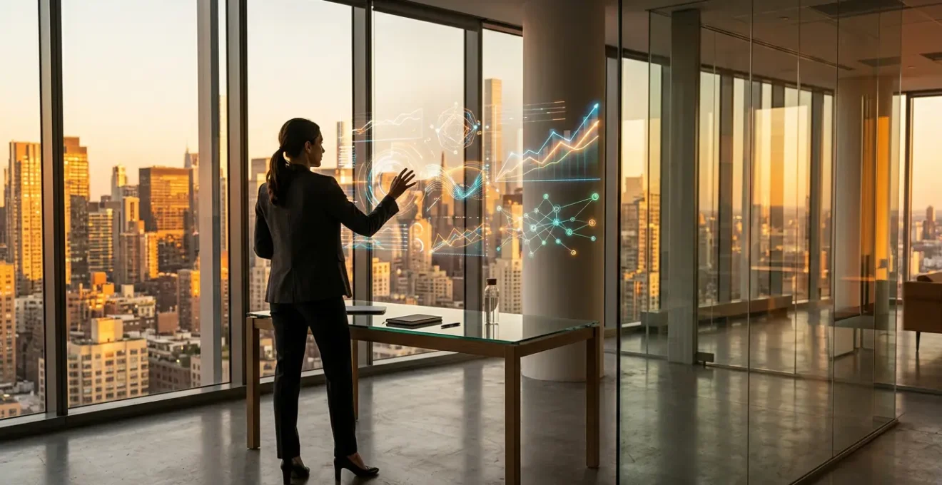 Professional analyzing market data and emerging opportunities on multiple screens in modern office