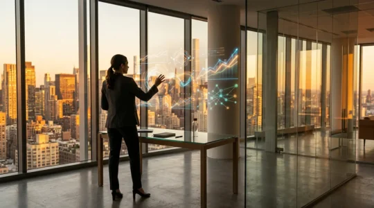 Professional analyzing market data and emerging opportunities on multiple screens in modern office