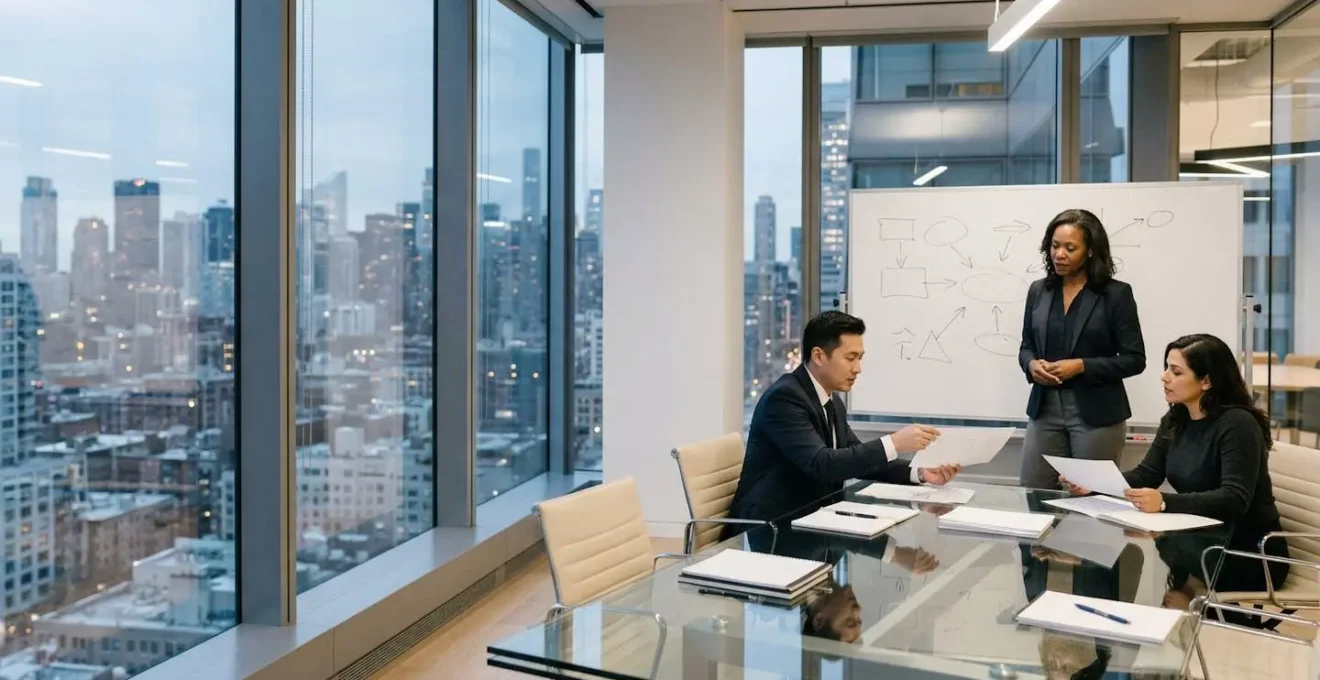 Business professionals in strategic leadership development discussion with diverse perspectives