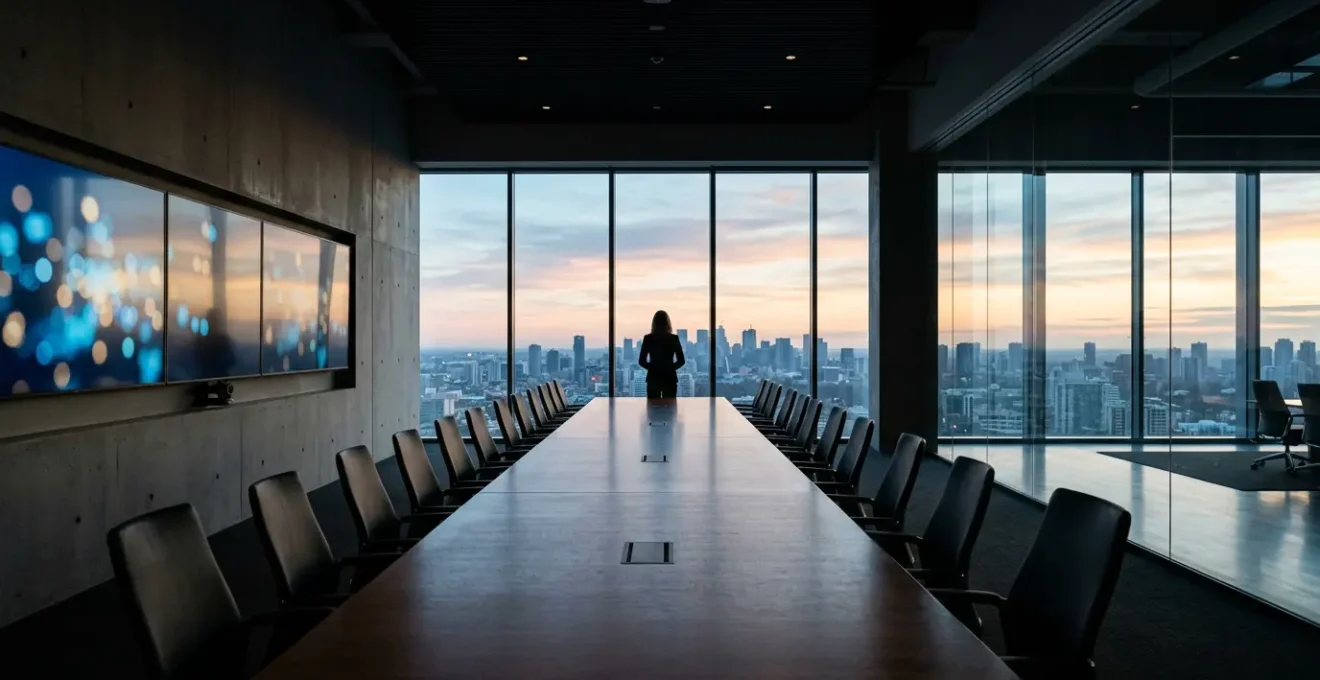 Executive leaders in modern corporate boardroom navigating complex strategic decisions