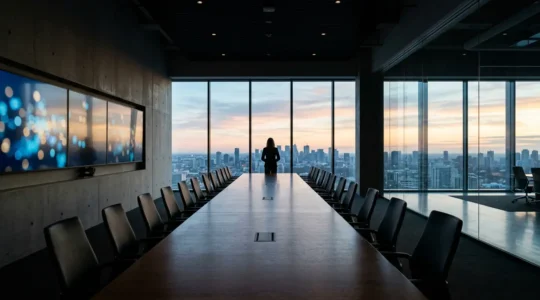 Executive leaders in modern corporate boardroom navigating complex strategic decisions