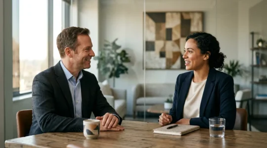 Professional hiring manager conducting a strategic final interview in a modern office setting