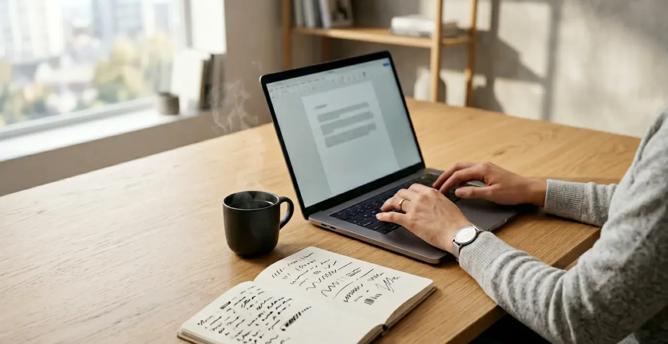 Professional writing a compelling motivation letter at modern desk with coffee and notebook showing strategic opening lines