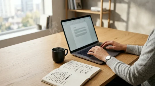 Professional writing a compelling motivation letter at modern desk with coffee and notebook showing strategic opening lines