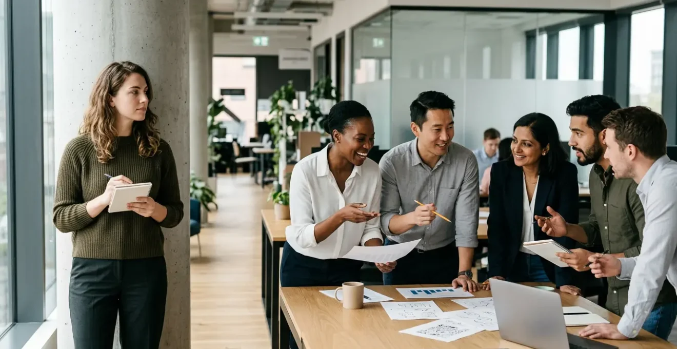 Professional team meeting showcasing diverse leadership styles with introverted and extroverted employees collaborating around a modern workspace