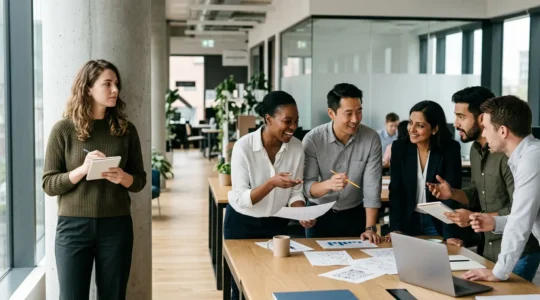 Professional team meeting showcasing diverse leadership styles with introverted and extroverted employees collaborating around a modern workspace