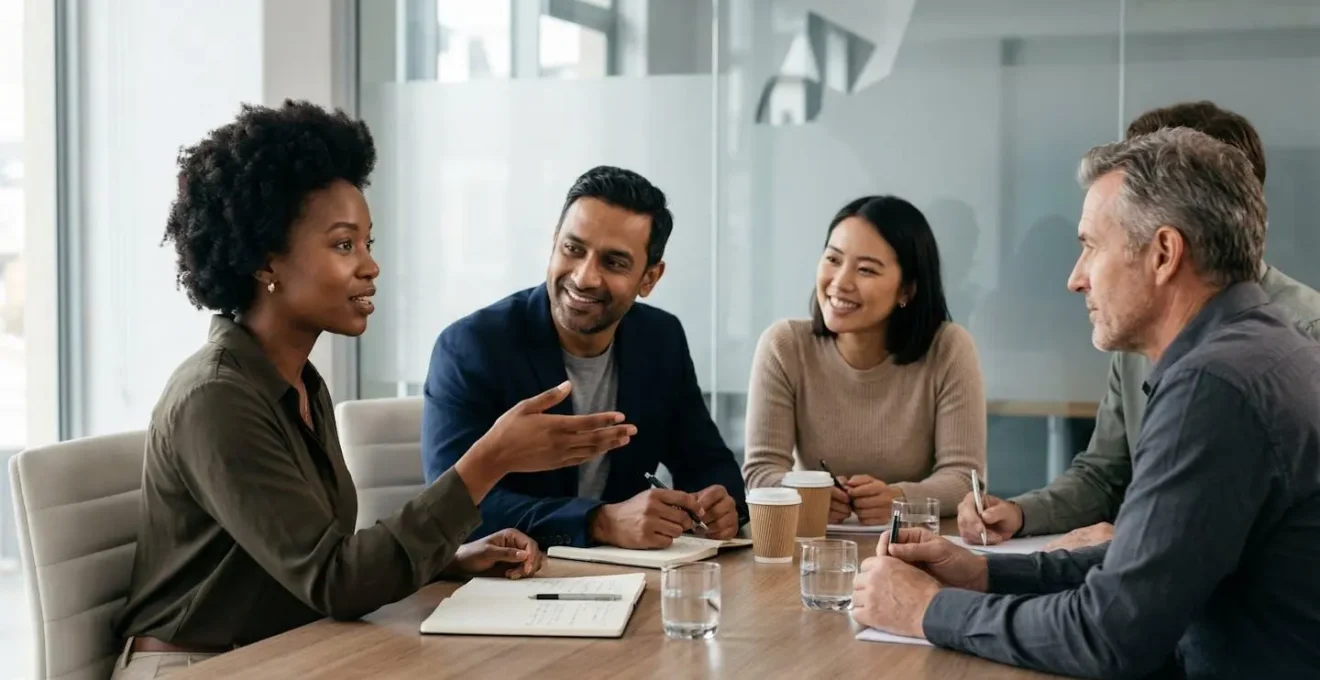 Business professionals in focused discussion during corporate training session