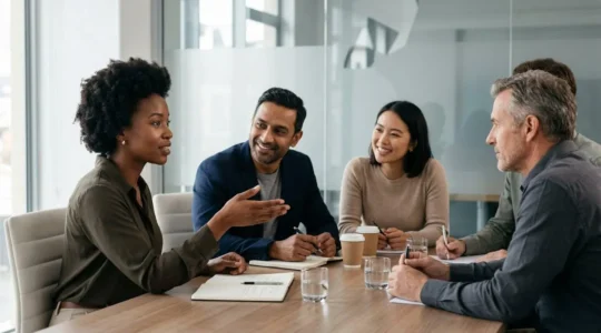 Business professionals in focused discussion during corporate training session