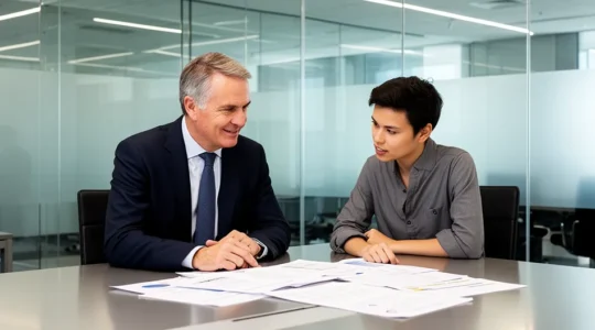 Professional mentoring meeting between executive and employee in modern office setting