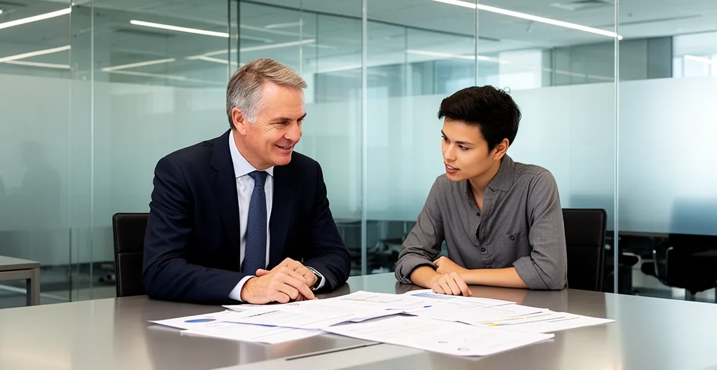 Professional mentoring meeting between executive and employee in modern office setting