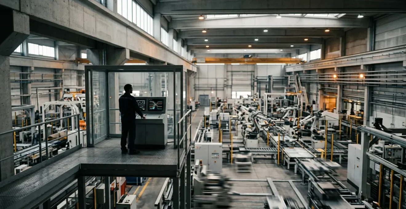 Factory operator overseeing automated machinery through digital control panels
