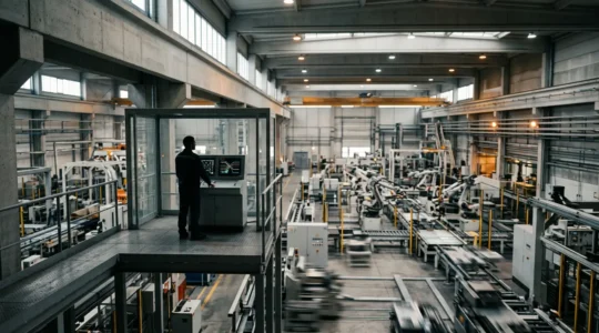 Factory operator overseeing automated machinery through digital control panels