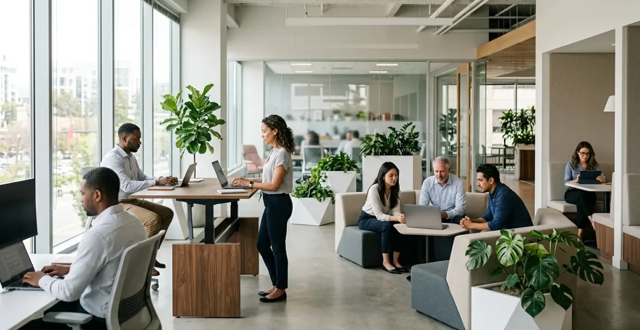 Diverse professionals collaborating in a modern open workspace with flexible seating arrangements