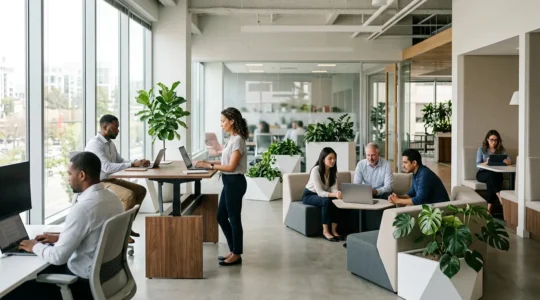 Diverse professionals collaborating in a modern open workspace with flexible seating arrangements