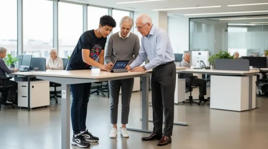 Modern workplace showing different generations collaborating around shared workspace