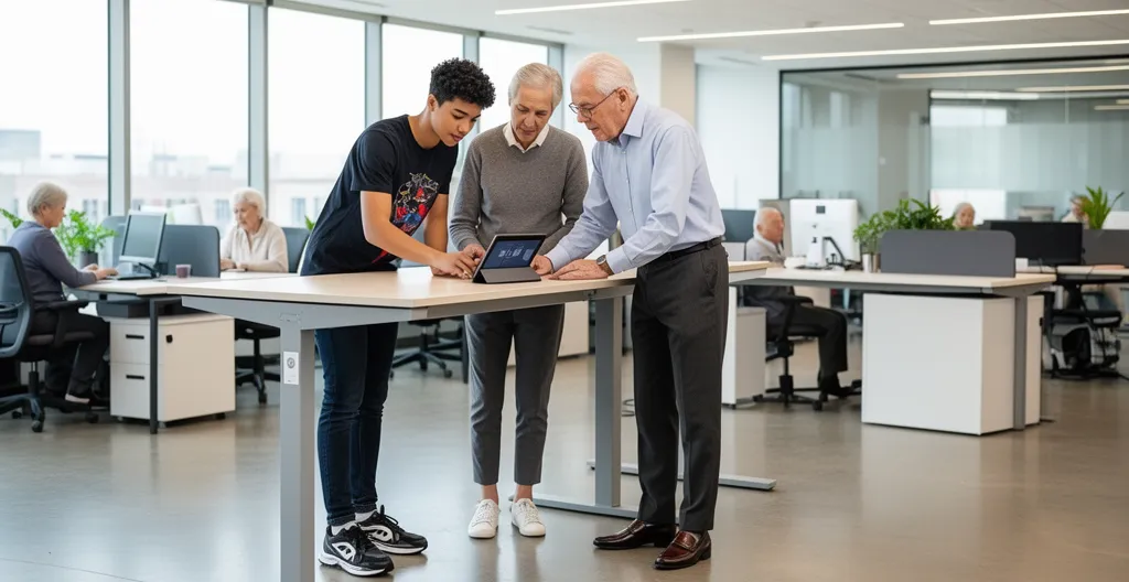 Modern workplace showing different generations collaborating around shared workspace