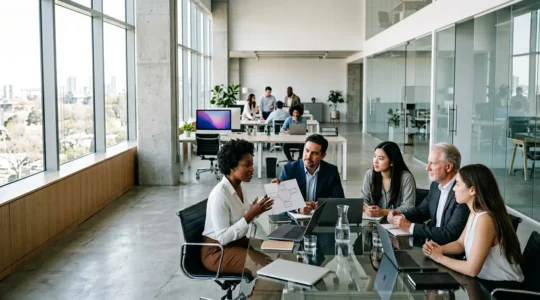 Corporate team collaborating in modern office for employee onboarding program