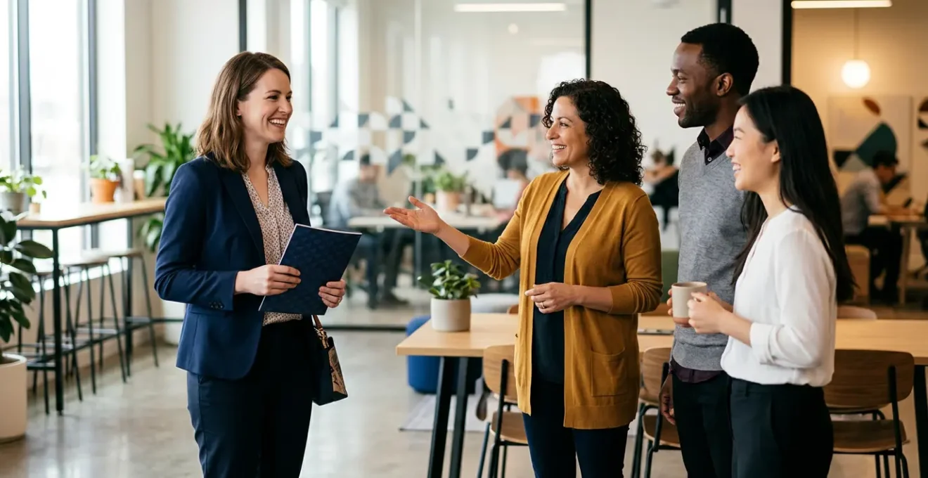 A warm welcome scene of a new employee being greeted by team members in a modern office environment