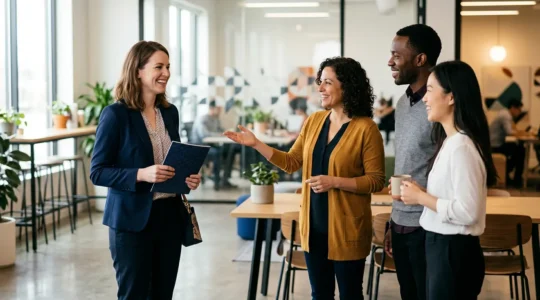 A warm welcome scene of a new employee being greeted by team members in a modern office environment