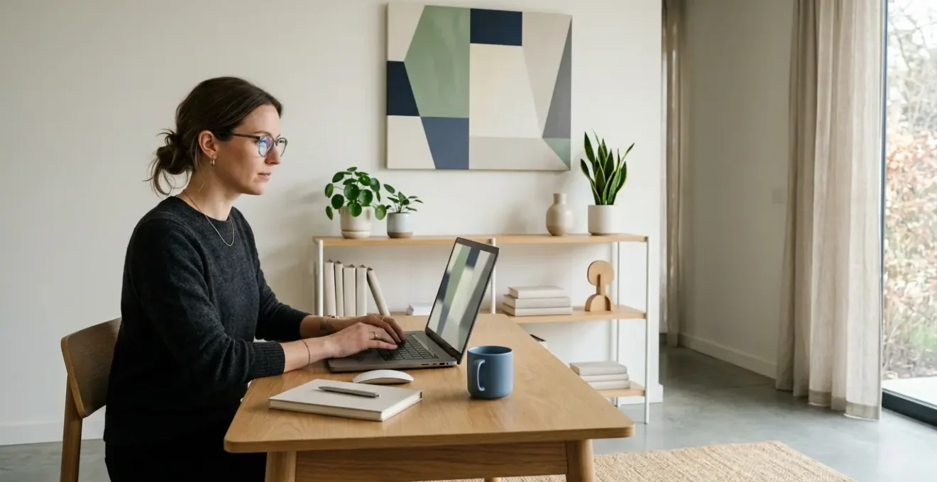 Strategic professional working on laptop with LinkedIn profile reflected in glasses, clean modern office environment