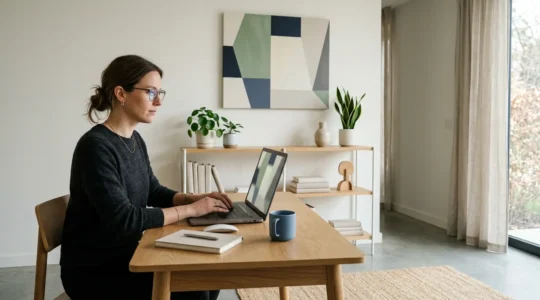 Strategic professional working on laptop with LinkedIn profile reflected in glasses, clean modern office environment