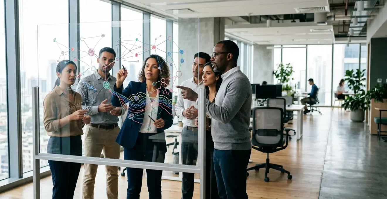 Modern office workspace showing collaborative network visualization on glass boards with diverse team discussing data patterns