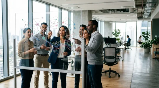Modern office workspace showing collaborative network visualization on glass boards with diverse team discussing data patterns