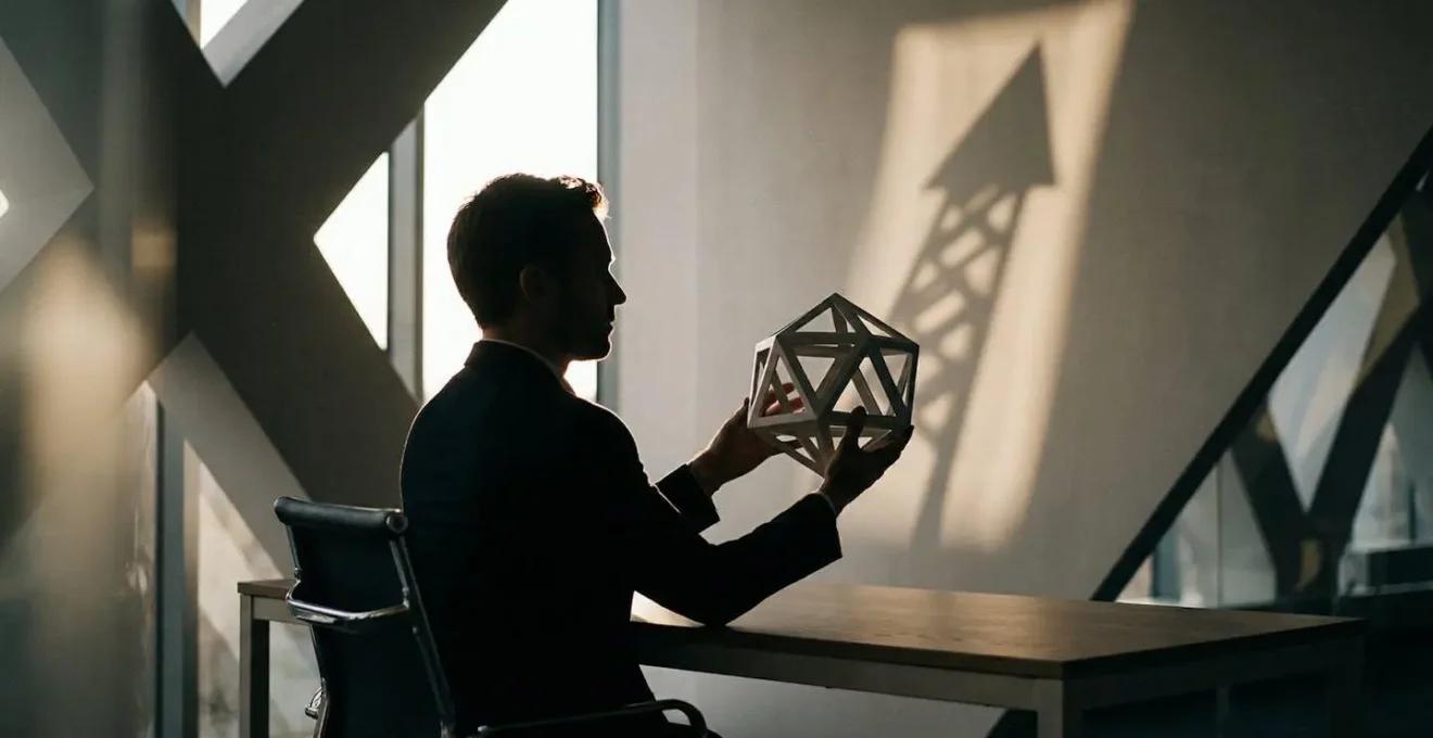 Professional examining certification credentials at modern office workspace with career growth symbolized through architectural elements