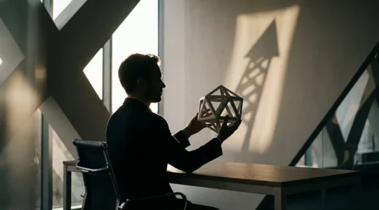 Professional examining certification credentials at modern office workspace with career growth symbolized through architectural elements