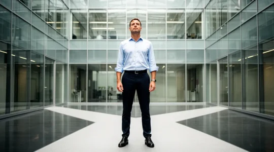 Business professional confidently navigating digital transformation using no-code visual interfaces and AI assistants