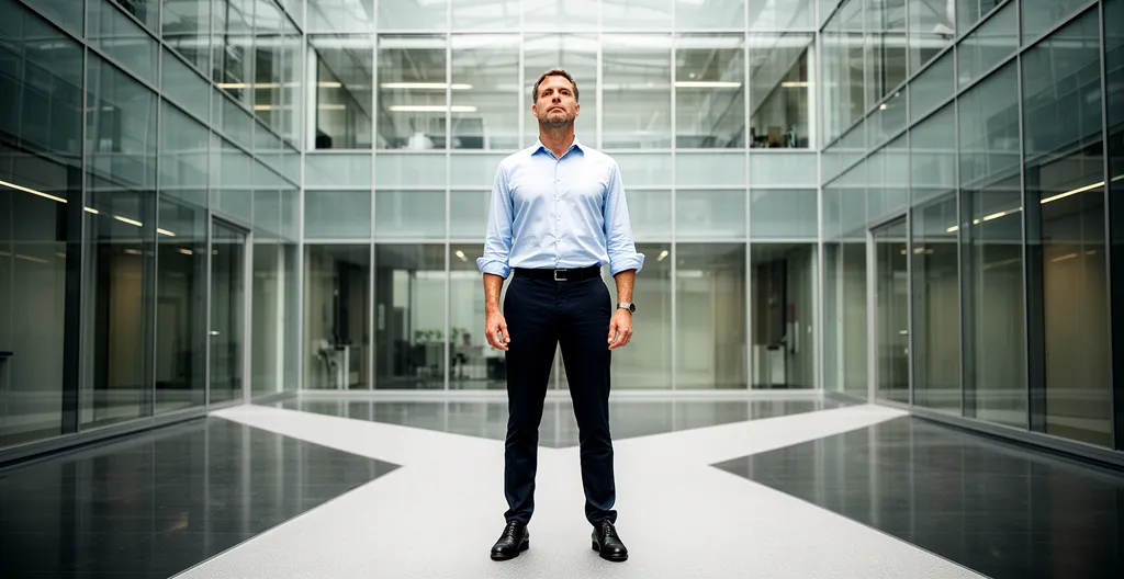 Business professional confidently navigating digital transformation using no-code visual interfaces and AI assistants