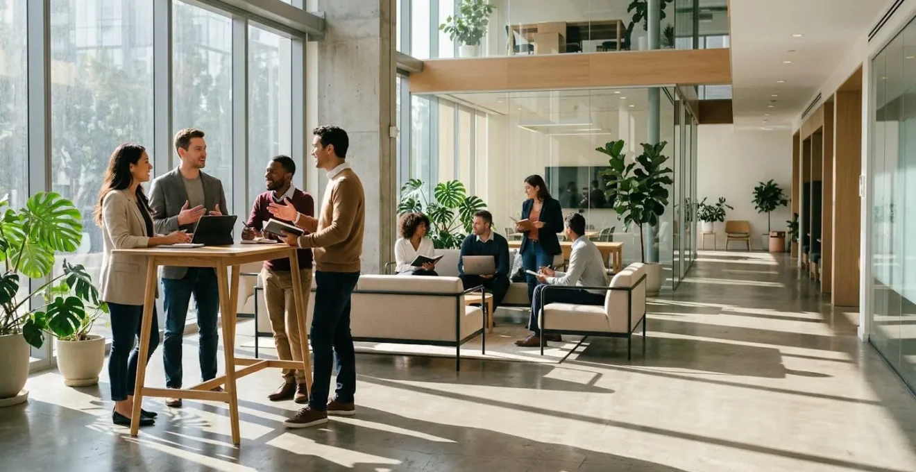 Professional diverse group networking in modern collaborative workspace