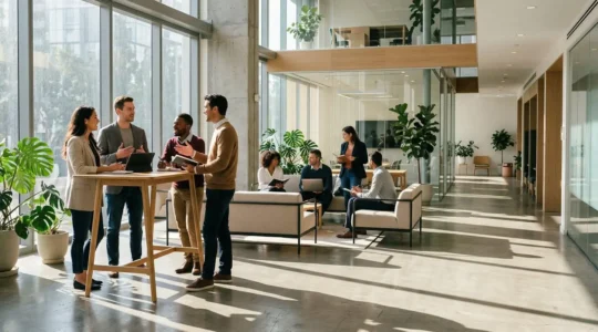 Professional diverse group networking in modern collaborative workspace